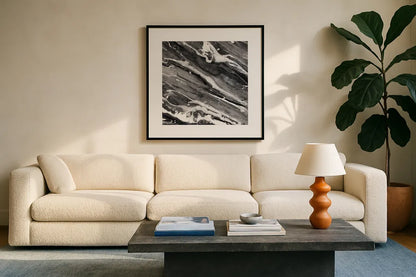 Going with the Flow III BW by Albena Hristova. Displayed in a glass frame with matte in a clean modern living room. Available as an archival giclee rolled canvas, fine art paper, or poster print. SKU 77777a.