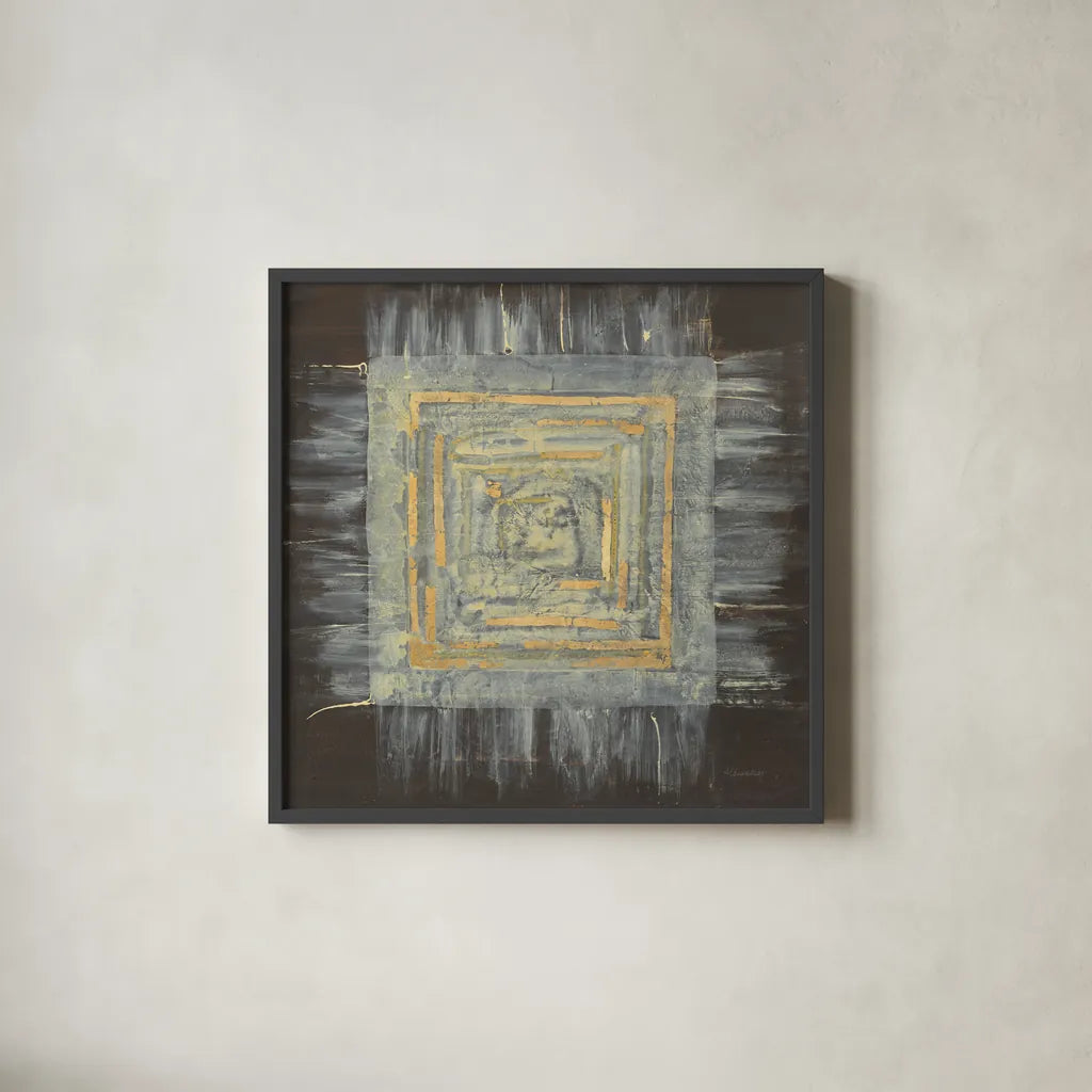 Gold Tapestry I by Albena Hristova. Shown in a sleek black glass frame for a contemporary gallery look. Available as an archival giclee rolled canvas, fine art paper, or poster print. SKU 25544a.