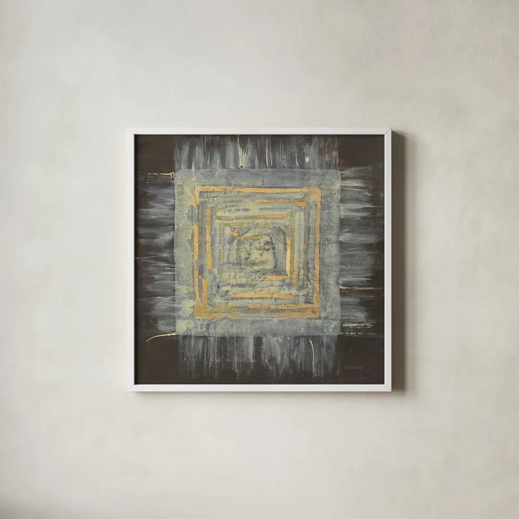 Gold Tapestry I by Albena Hristova. Shown in a crisp white glass frame for a clean and minimalist style. Available as an archival giclee rolled canvas, fine art paper, or poster print. SKU 25544a.
