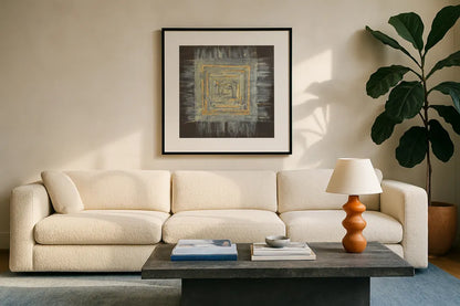 Gold Tapestry I by Albena Hristova. Displayed in a glass frame with matte in a clean modern living room. Available as an archival giclee rolled canvas, fine art paper, or poster print. SKU 25544a.