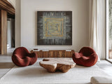 Gold Tapestry I by Albena Hristova. Shown as extra-large giant wall art in a modern living room. Available as an archival giclee rolled canvas, fine art paper, or poster print. SKU 25544a.
