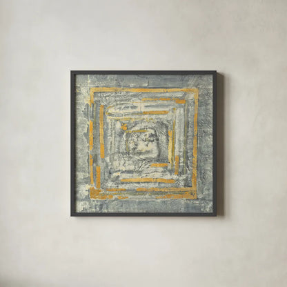 Gold Tapestry I Gold and White by Albena Hristova. Shown in a sleek black glass frame for a contemporary gallery look. Available as an archival giclee rolled canvas, fine art paper, or poster print. SKU 26170a.