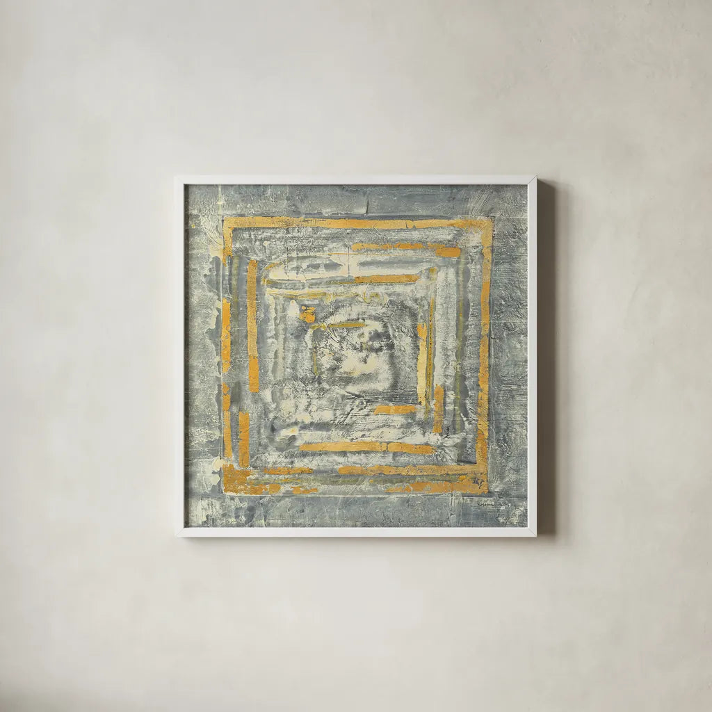 Gold Tapestry I Gold and White by Albena Hristova. Shown in a crisp white glass frame for a clean and minimalist style. Available as an archival giclee rolled canvas, fine art paper, or poster print. SKU 26170a.