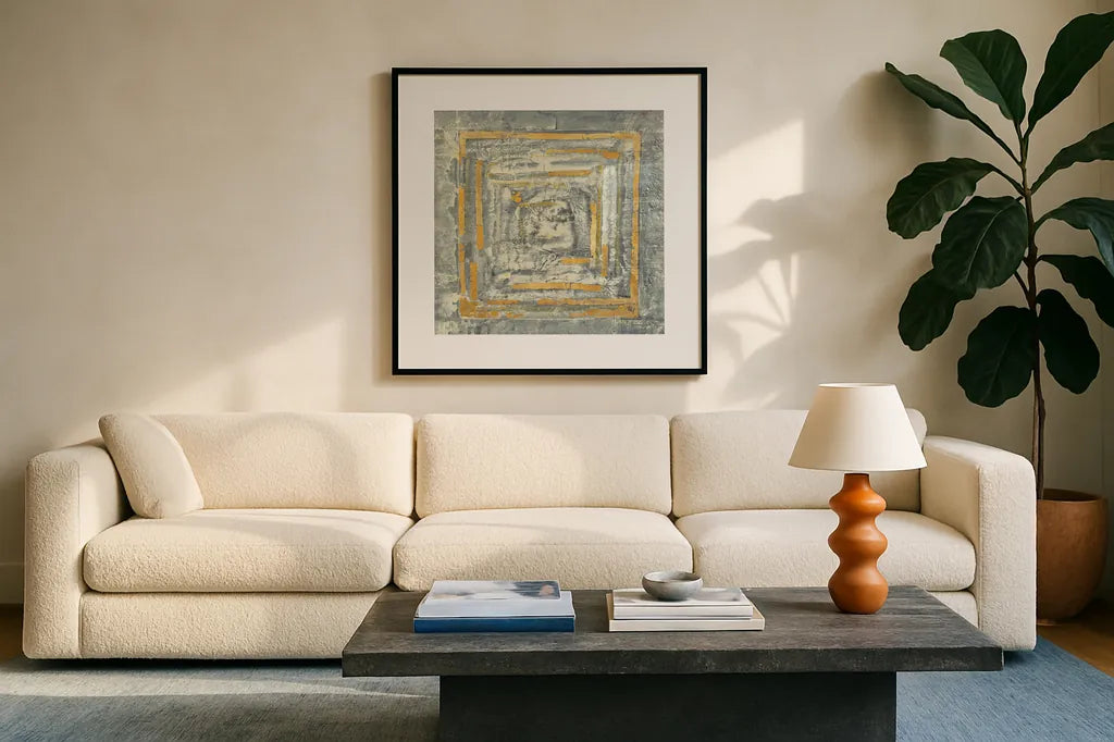 Gold Tapestry I Gold and White by Albena Hristova. Displayed in a glass frame with matte in a clean modern living room. Available as an archival giclee rolled canvas, fine art paper, or poster print. SKU 26170a.