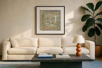Gold Tapestry I Gold and White by Albena Hristova. Displayed in a glass frame with matte in a clean modern living room. Available as an archival giclee rolled canvas, fine art paper, or poster print. SKU 26170a.