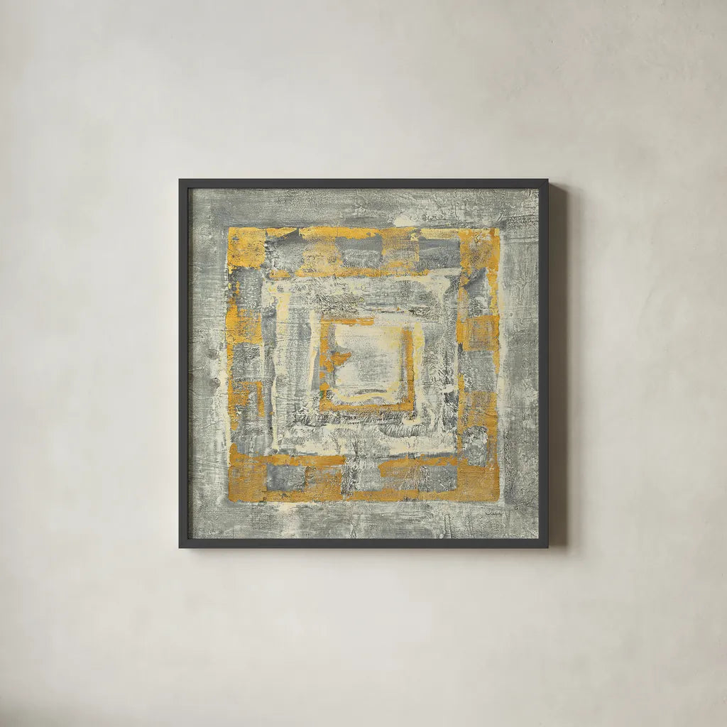 Gold Tapestry II Gold and White by Albena Hristova. Shown in a sleek black glass frame for a contemporary gallery look. Available as an archival giclee rolled canvas, fine art paper, or poster print. SKU 26171a.