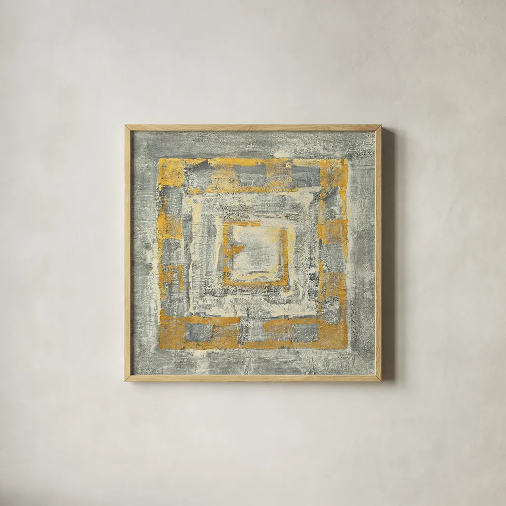 Gold Tapestry II Gold and White by Albena Hristova. Shown in a natural wood glass frame for a timeless modern aesthetic. Available as an archival giclee rolled canvas, fine art paper, or poster print. SKU 26171a.