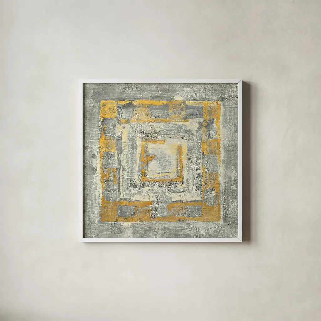 Gold Tapestry II Gold and White by Albena Hristova. Shown in a crisp white glass frame for a clean and minimalist style. Available as an archival giclee rolled canvas, fine art paper, or poster print. SKU 26171a.
