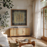 Gold Tapestry III by Albena Hristova. Shown in a natural wood frame in a cozy modern living room. Available as an archival giclee rolled canvas, fine art paper, or poster print. SKU 27257a.