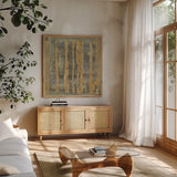 Gold Tapestry III Crop by Albena Hristova. Shown in a natural wood frame in a cozy modern living room. Available as an archival giclee rolled canvas, fine art paper, or poster print. SKU 28153a.