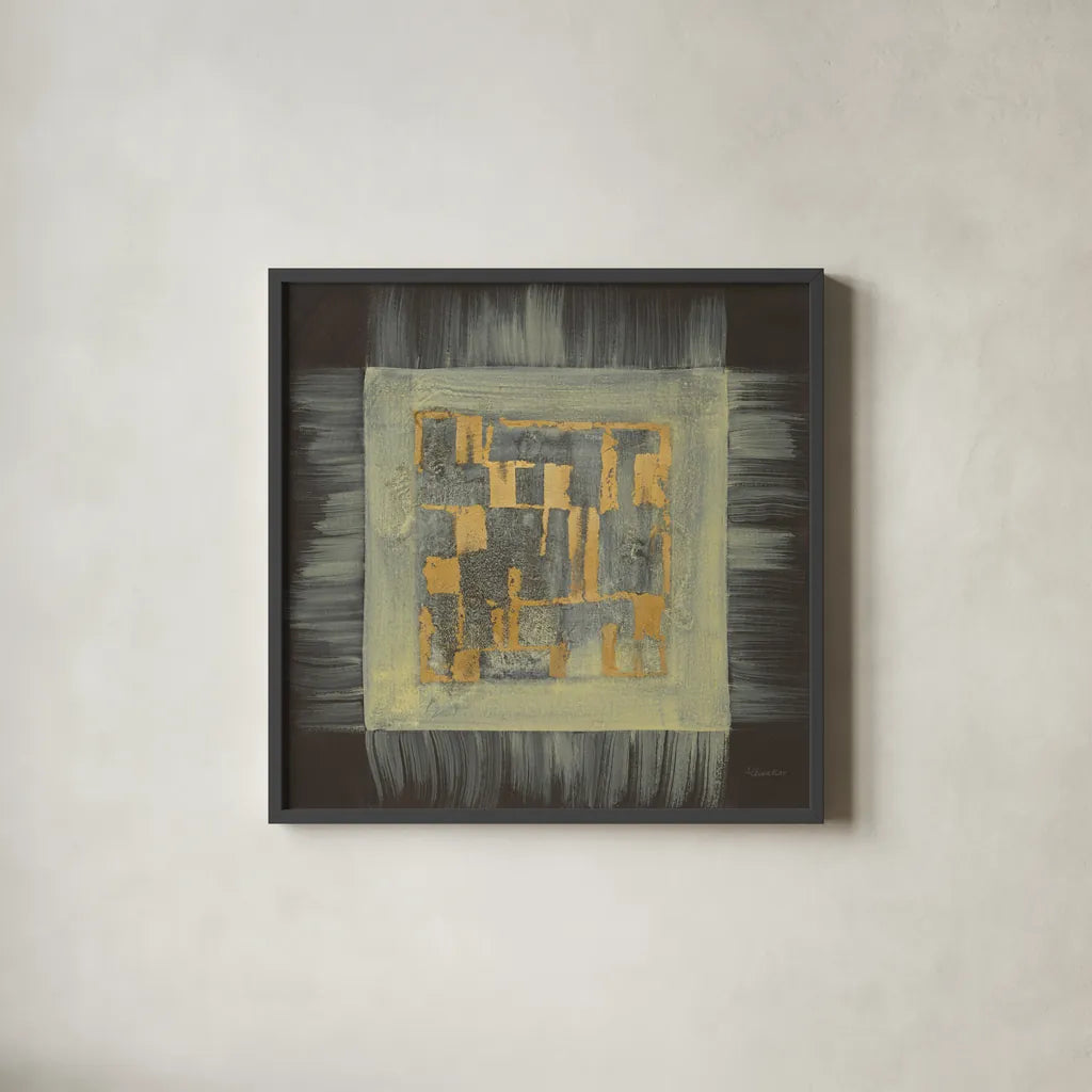 Gold Tapestry IV by Albena Hristova. Shown in a sleek black glass frame for a contemporary gallery look. Available as an archival giclee rolled canvas, fine art paper, or poster print. SKU 27258a.