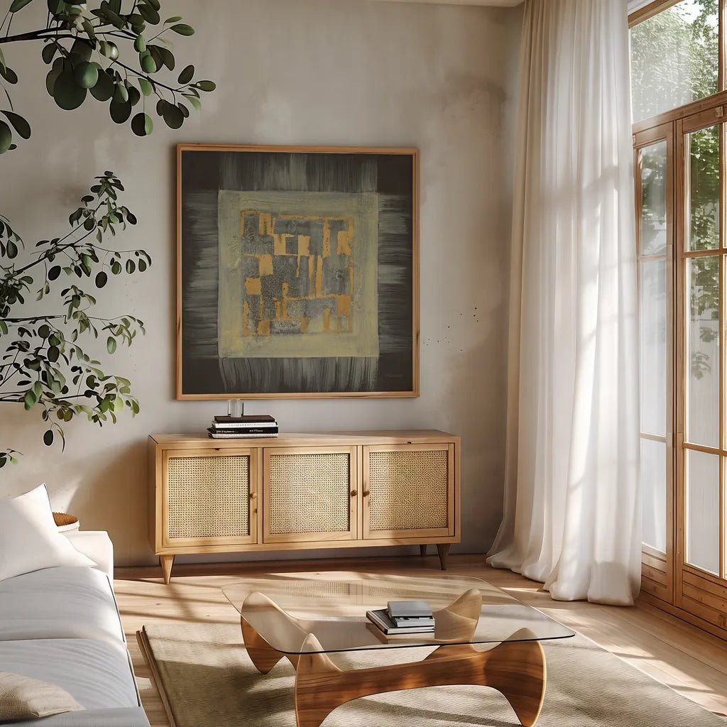 Gold Tapestry IV by Albena Hristova. Shown in a natural wood frame in a cozy modern living room. Available as an archival giclee rolled canvas, fine art paper, or poster print. SKU 27258a.