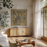 Gold Tapestry IV Crop by Albena Hristova. Shown in a natural wood frame in a cozy modern living room. Available as an archival giclee rolled canvas, fine art paper, or poster print. SKU 28154a.
