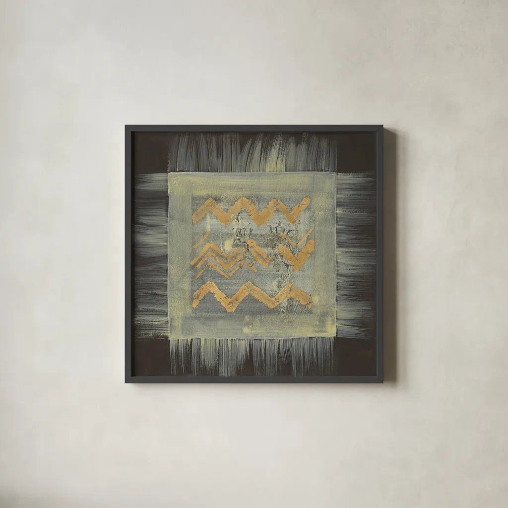 Gold Tapestry VI by Albena Hristova. Shown in a sleek black glass frame for a contemporary gallery look. Available as an archival giclee rolled canvas, fine art paper, or poster print. SKU 27260a.