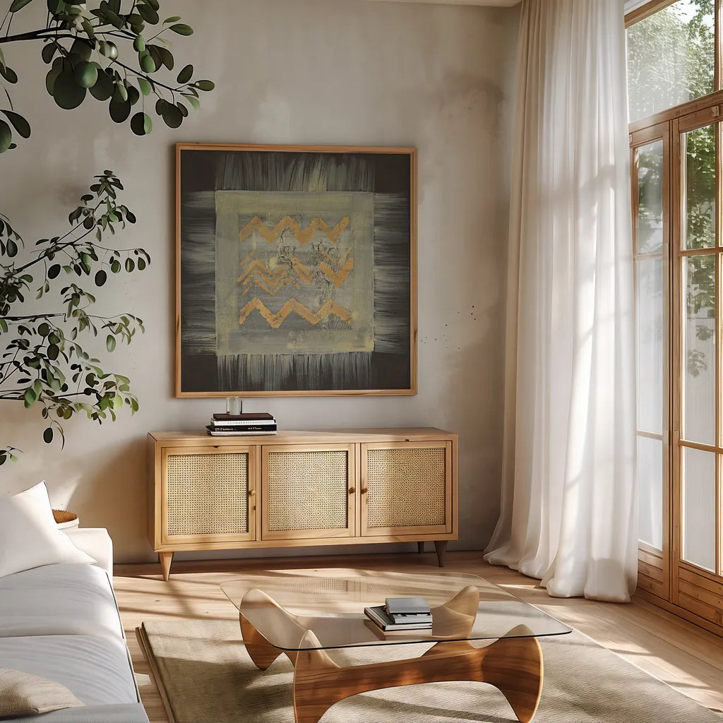 Gold Tapestry VI by Albena Hristova. Shown in a natural wood frame in a cozy modern living room. Available as an archival giclee rolled canvas, fine art paper, or poster print. SKU 27260a.