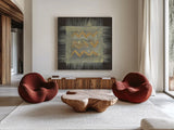 Gold Tapestry VI by Albena Hristova. Shown as extra-large giant wall art in a modern living room. Available as an archival giclee rolled canvas, fine art paper, or poster print. SKU 27260a.