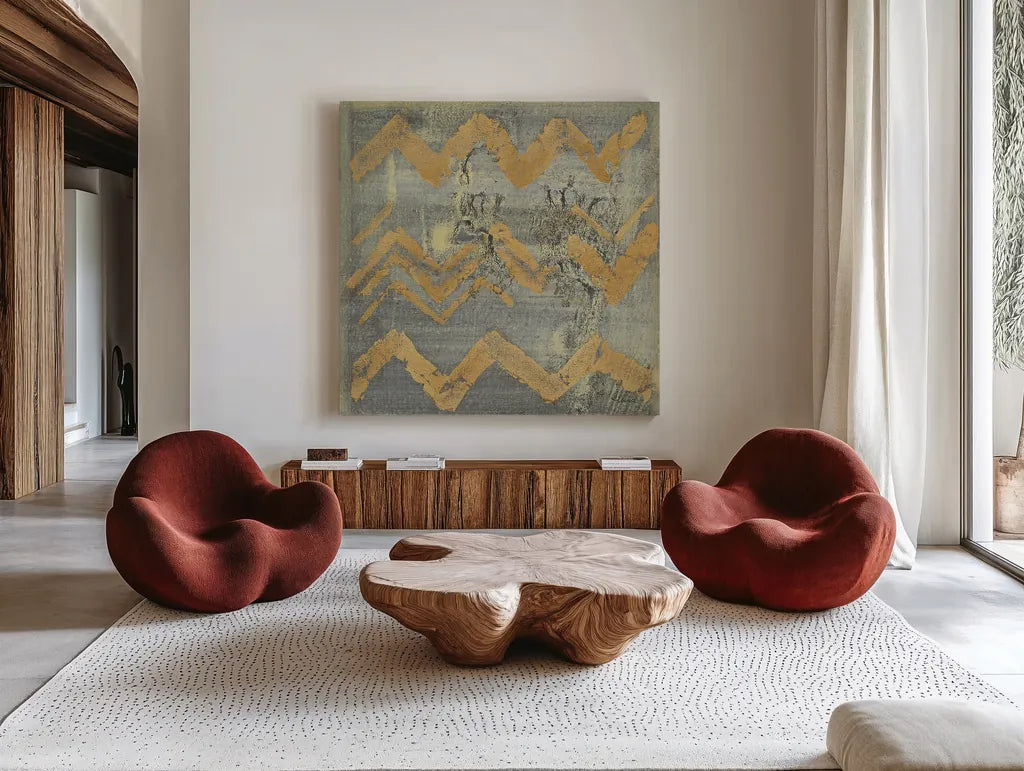 Gold Tapestry VI Crop by Albena Hristova. Shown as extra-large giant wall art in a modern living room. Available as an archival giclee rolled canvas, fine art paper, or poster print. SKU 28156a.