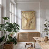 Golden Antlers I by Albena Hristova. shown as a print in a natural wood frame in a dining room. Available as a archival giclee rolled canvas, fine art paper, or poster print. SKU 28365h.