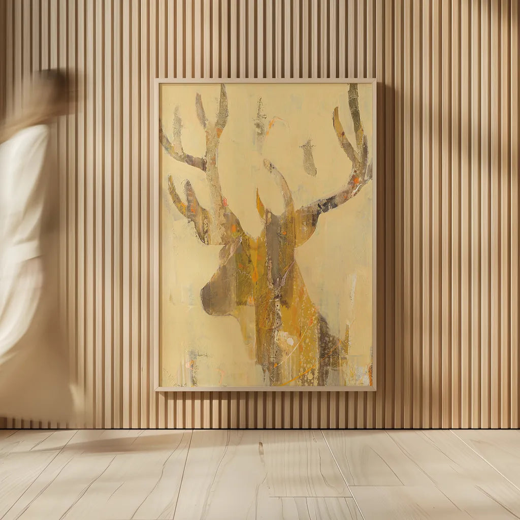 Golden Antlers II by Albena Hristova. shown as over sized large wall art. Available as an archival giclee rolled canvas, fine art paper, or poster print. SKU 28366h.