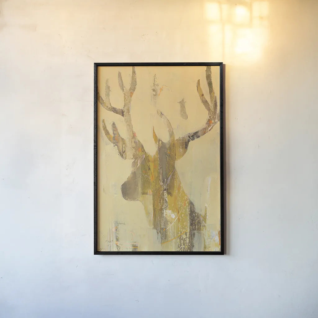 Golden Antlers II by Albena Hristova. shown as a paper print in a black flame. Available as a archival giclee rolled canvas, fine art paper, or poster print. SKU 28366h.