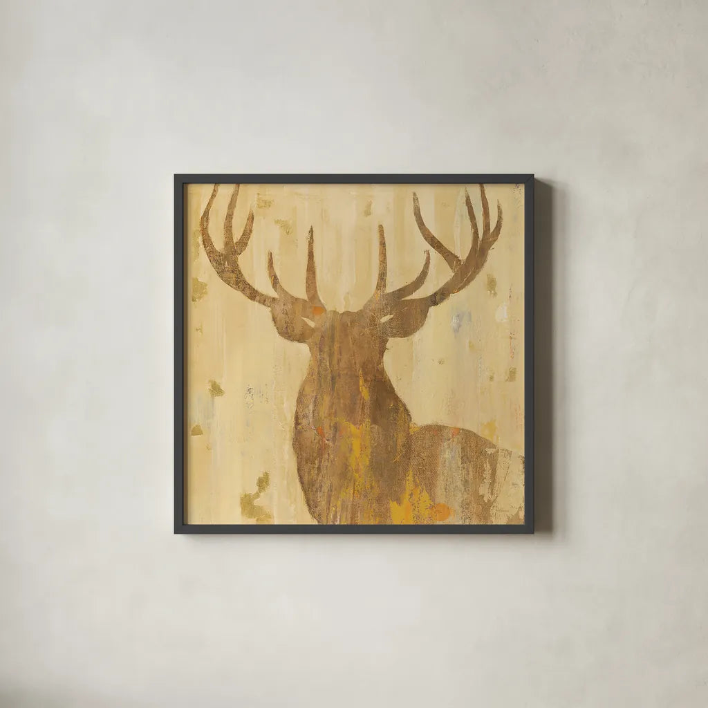 Golden Antlers III by Albena Hristova. Shown in a sleek black glass frame for a contemporary gallery look. Available as an archival giclee rolled canvas, fine art paper, or poster print. SKU 29284a.