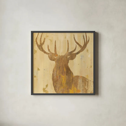 Golden Antlers III by Albena Hristova. Shown in a sleek black glass frame for a contemporary gallery look. Available as an archival giclee rolled canvas, fine art paper, or poster print. SKU 29284a.