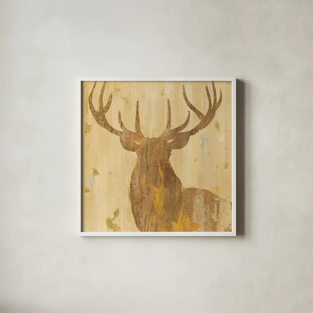 Golden Antlers III by Albena Hristova. Shown in a crisp white glass frame for a clean and minimalist style. Available as an archival giclee rolled canvas, fine art paper, or poster print. SKU 29284a.