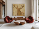 Golden Antlers III by Albena Hristova. Shown as extra-large giant wall art in a modern living room. Available as an archival giclee rolled canvas, fine art paper, or poster print. SKU 29284a.