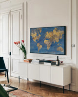 Golden World by Albena Hristova. shown as a framed stretched canvas in a living room above a console. Available as a archival giclee rolled canvas, fine art paper, or poster print. SKU 20719i.