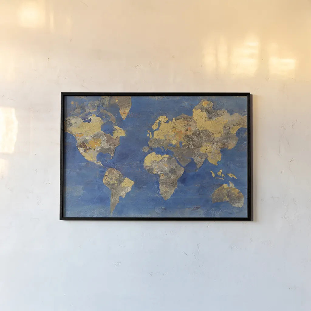 Golden World by Albena Hristova. shown as a paper print in a black flame. Available as a archival giclee rolled canvas, fine art paper, or poster print. SKU 20719i.