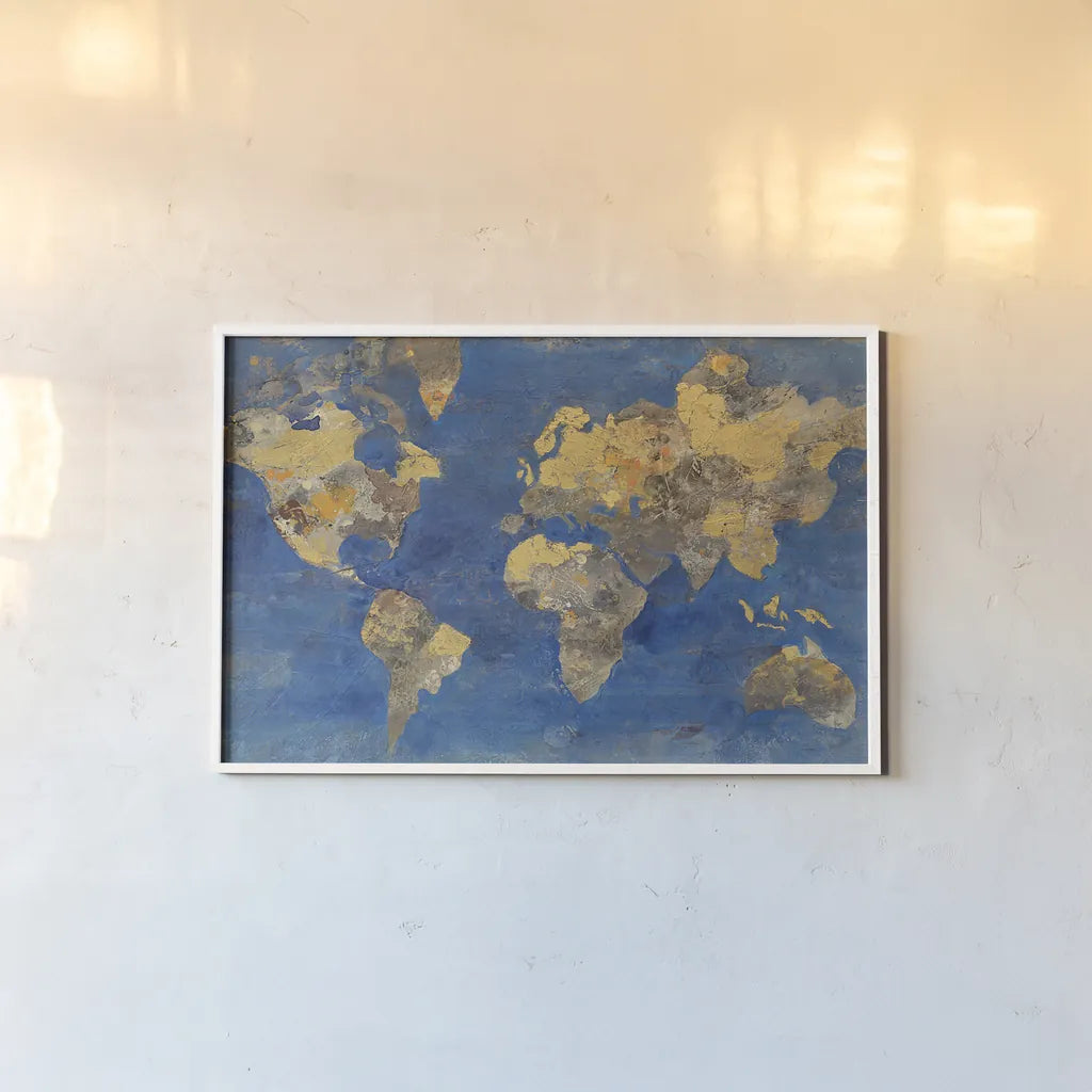 Golden World by Albena Hristova. shown as a paper print in a white frame. Available as a archival giclee rolled canvas, fine art paper, or poster print. SKU 20719i.