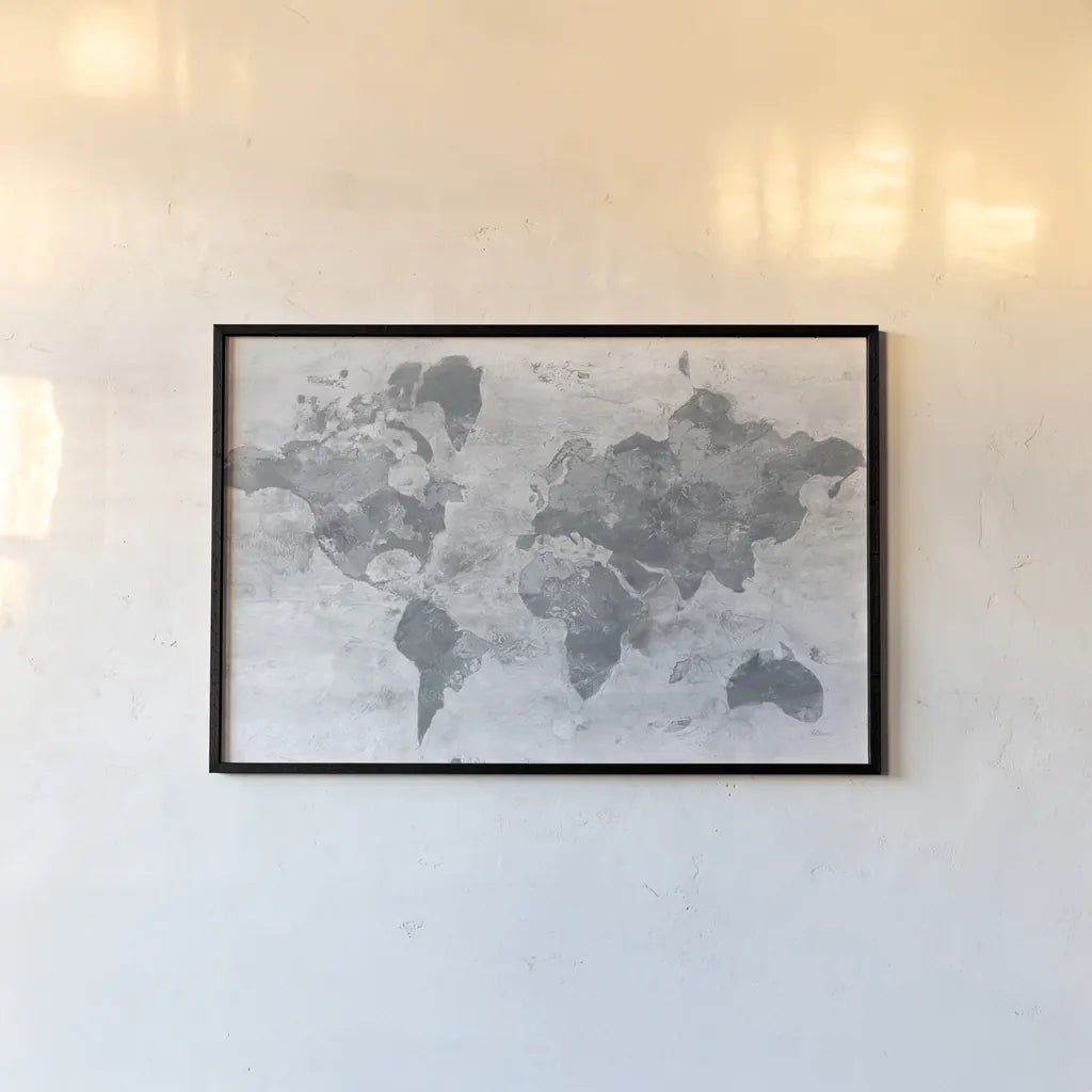 Golden World Gray by Albena Hristova. shown as a paper print in a black flame. Available as a archival giclee rolled canvas, fine art paper, or poster print. SKU 35989i.