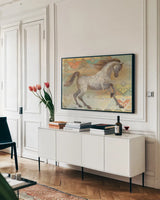 Grand Entrance Southwest Boho by Albena Hristova. shown as a framed stretched canvas in a living room above a console. Available as a archival giclee rolled canvas, fine art paper, or poster print. SKU 54159i.