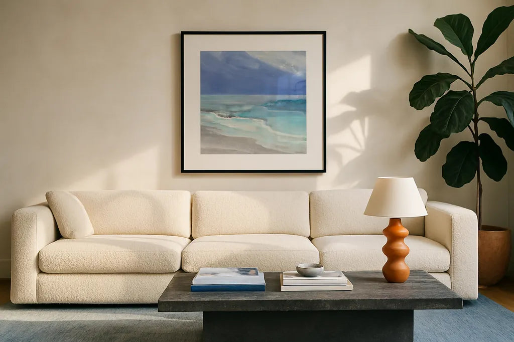 Grand View I Sq by Albena Hristova. Displayed in a glass frame with matte in a clean modern living room. Available as an archival giclee rolled canvas, fine art paper, or poster print. SKU 77985a.