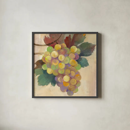 Grape Harvest I by Albena Hristova. Shown in a sleek black glass frame for a contemporary gallery look. Available as an archival giclee rolled canvas, fine art paper, or poster print. SKU 55222a.