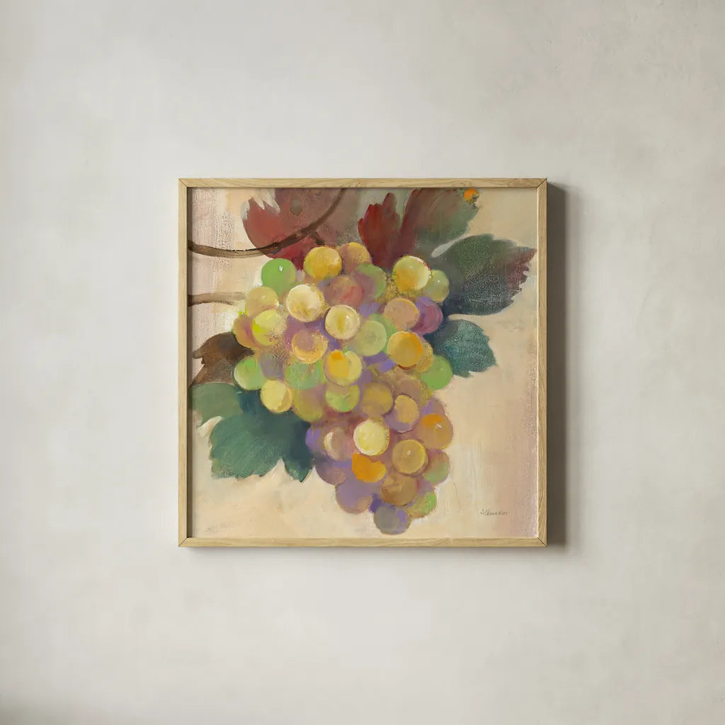 Grape Harvest I by Albena Hristova. Shown in a natural wood glass frame for a timeless modern aesthetic. Available as an archival giclee rolled canvas, fine art paper, or poster print. SKU 55222a.