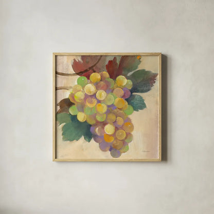 Grape Harvest I by Albena Hristova. Shown in a natural wood glass frame for a timeless modern aesthetic. Available as an archival giclee rolled canvas, fine art paper, or poster print. SKU 55222a.