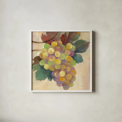 Grape Harvest I by Albena Hristova. Shown in a crisp white glass frame for a clean and minimalist style. Available as an archival giclee rolled canvas, fine art paper, or poster print. SKU 55222a.