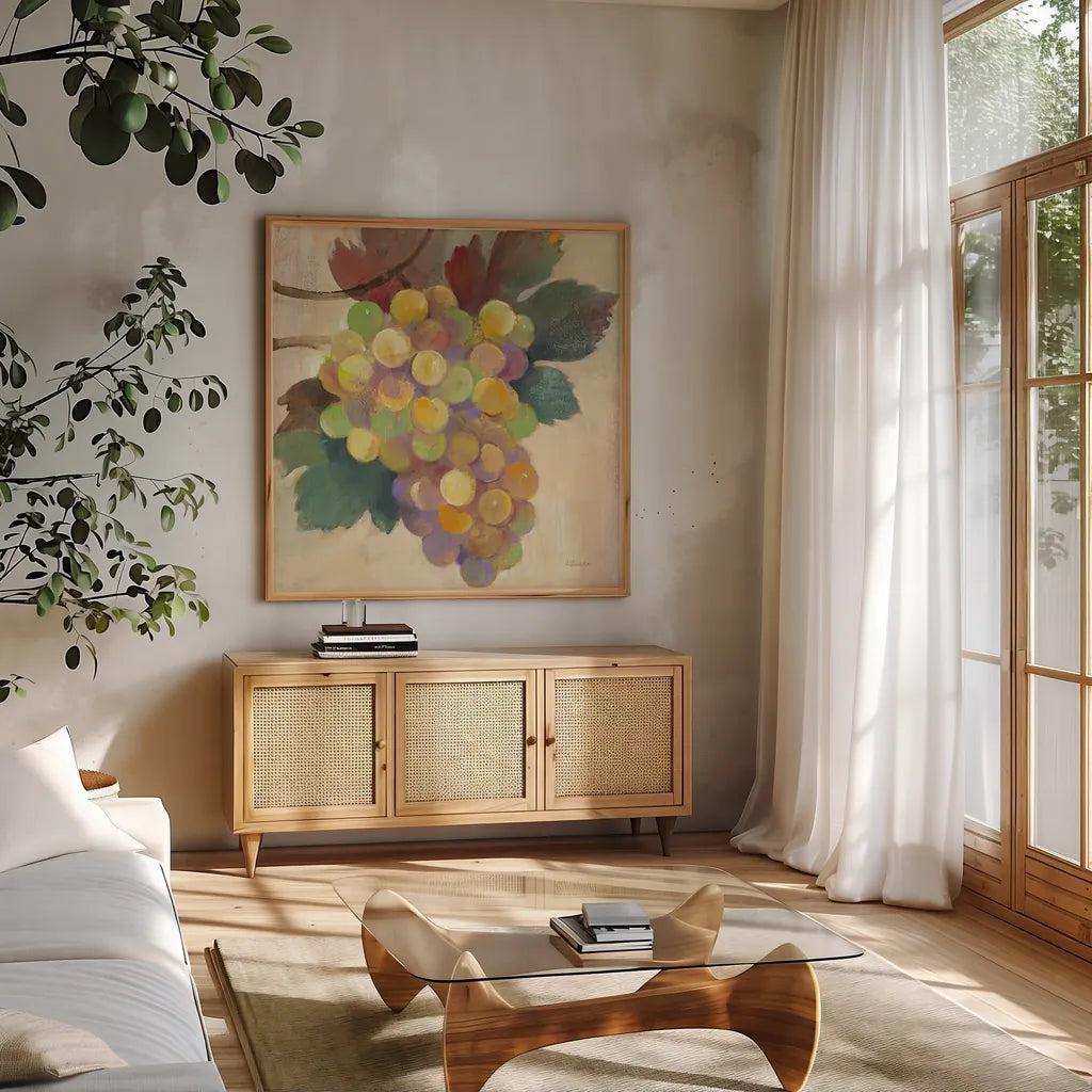 Grape Harvest I by Albena Hristova. Shown in a natural wood frame in a cozy modern living room. Available as an archival giclee rolled canvas, fine art paper, or poster print. SKU 55222a.