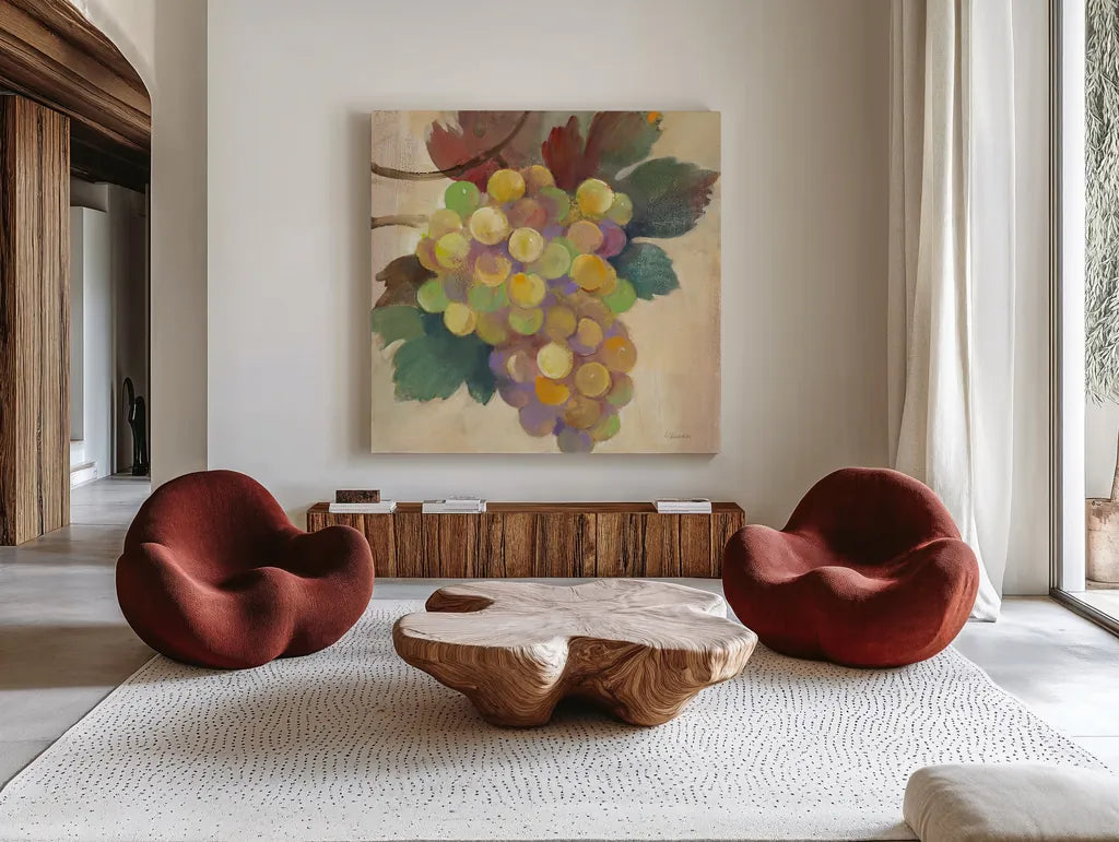 Grape Harvest I by Albena Hristova. Shown as extra-large giant wall art in a modern living room. Available as an archival giclee rolled canvas, fine art paper, or poster print. SKU 55222a.