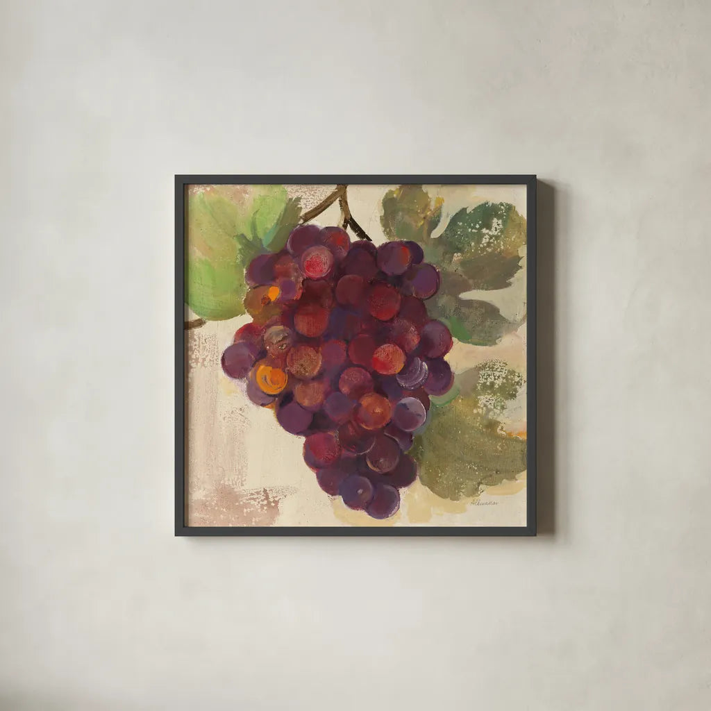 Grape Harvest II by Albena Hristova. Shown in a sleek black glass frame for a contemporary gallery look. Available as an archival giclee rolled canvas, fine art paper, or poster print. SKU 55223a.