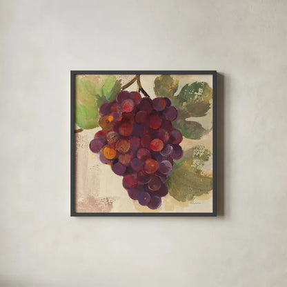 Grape Harvest II by Albena Hristova. Shown in a sleek black glass frame for a contemporary gallery look. Available as an archival giclee rolled canvas, fine art paper, or poster print. SKU 55223a.