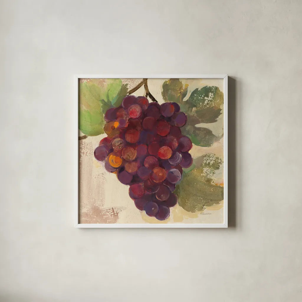 Grape Harvest II by Albena Hristova. Shown in a crisp white glass frame for a clean and minimalist style. Available as an archival giclee rolled canvas, fine art paper, or poster print. SKU 55223a.