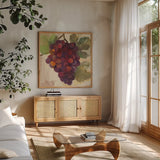 Grape Harvest II by Albena Hristova. Shown in a natural wood frame in a cozy modern living room. Available as an archival giclee rolled canvas, fine art paper, or poster print. SKU 55223a.