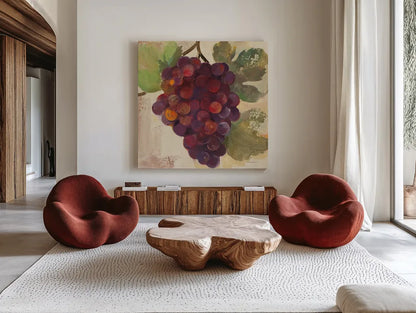 Grape Harvest II by Albena Hristova. Shown as extra-large giant wall art in a modern living room. Available as an archival giclee rolled canvas, fine art paper, or poster print. SKU 55223a.