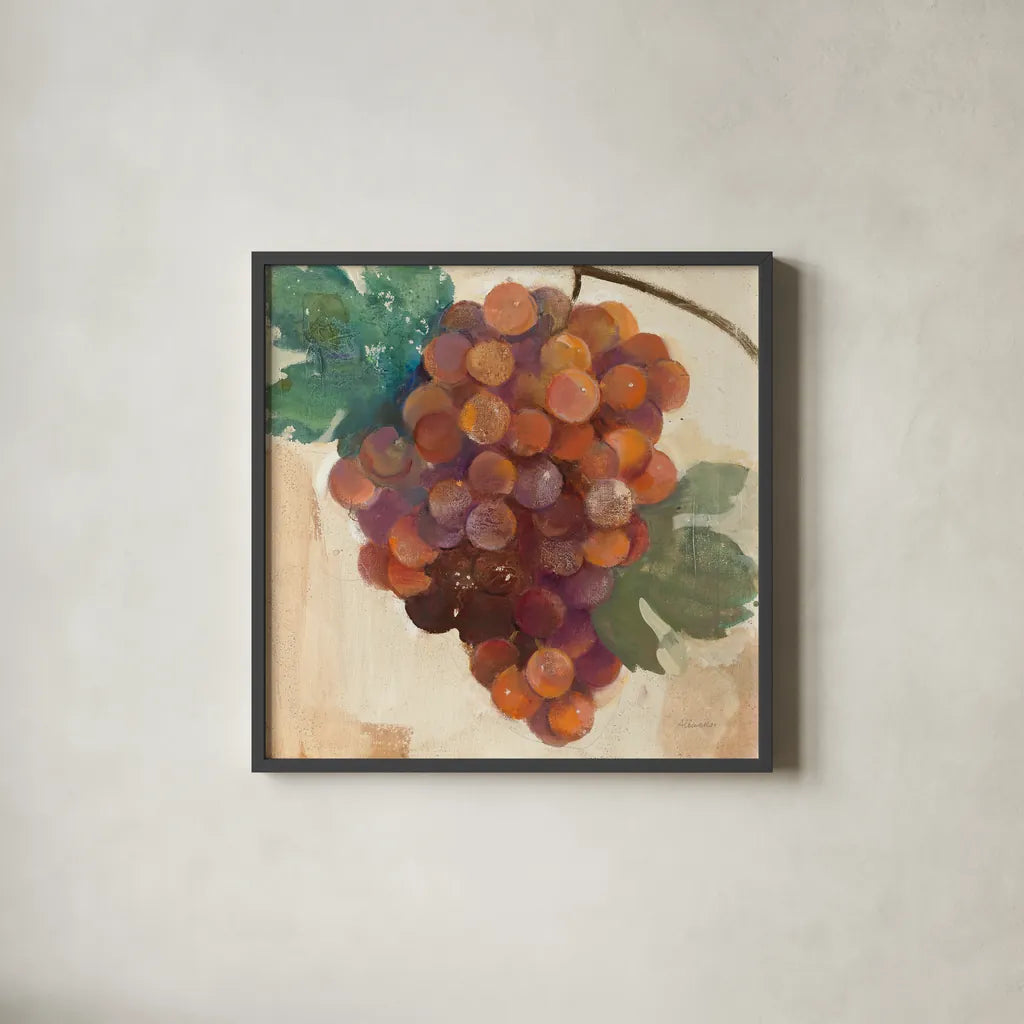 Grape Harvest III by Albena Hristova. Shown in a sleek black glass frame for a contemporary gallery look. Available as an archival giclee rolled canvas, fine art paper, or poster print. SKU 55224a.