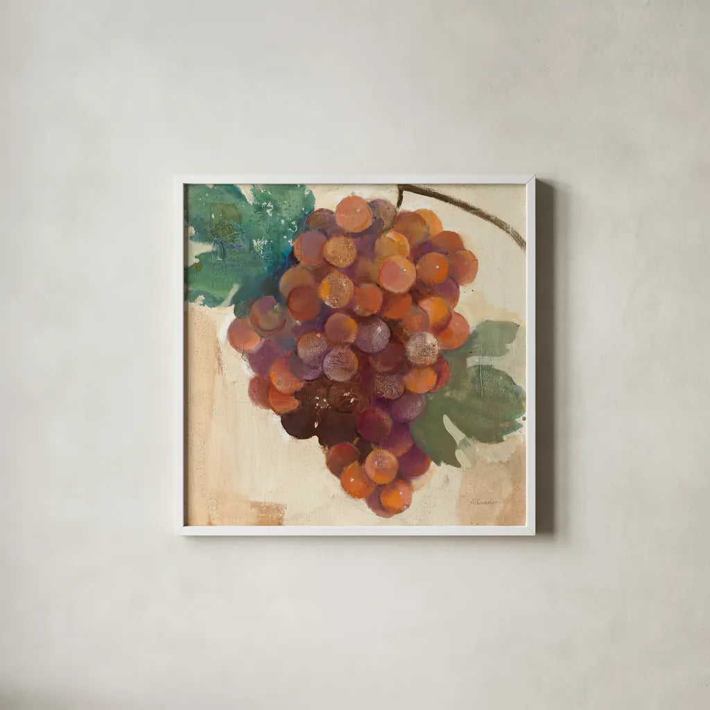 Grape Harvest III by Albena Hristova. Shown in a crisp white glass frame for a clean and minimalist style. Available as an archival giclee rolled canvas, fine art paper, or poster print. SKU 55224a.