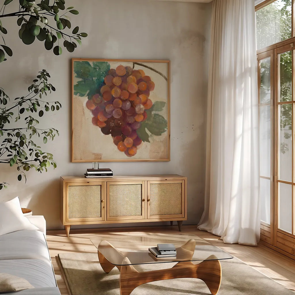 Grape Harvest III by Albena Hristova. Shown in a natural wood frame in a cozy modern living room. Available as an archival giclee rolled canvas, fine art paper, or poster print. SKU 55224a.