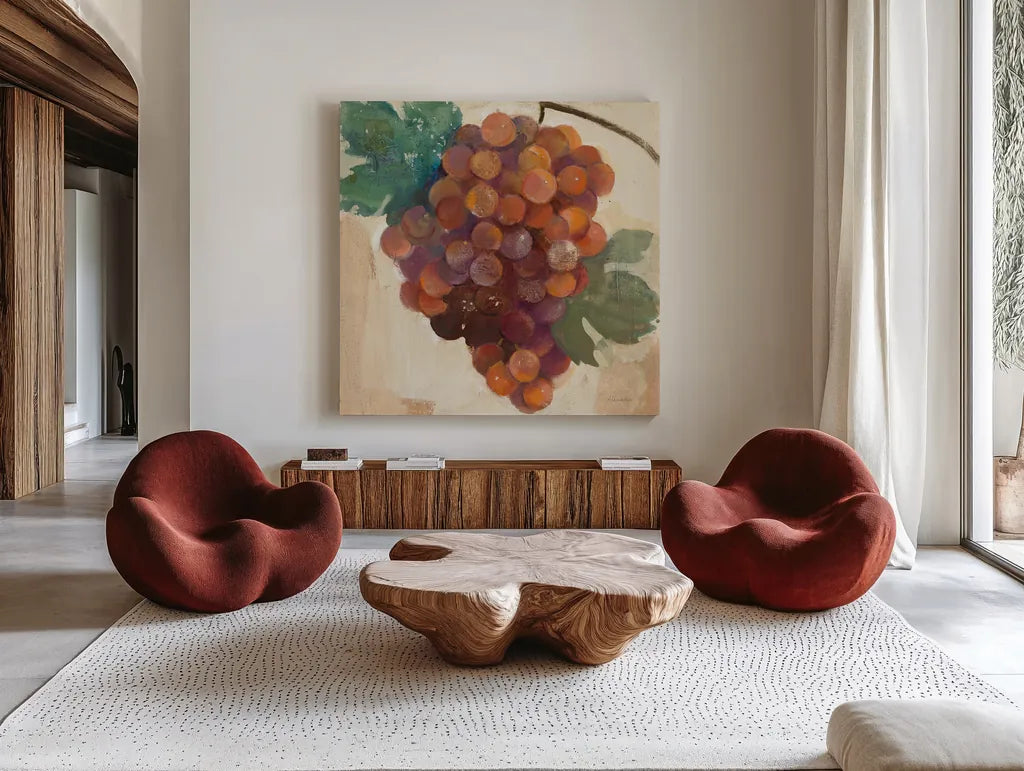 Grape Harvest III by Albena Hristova. Shown as extra-large giant wall art in a modern living room. Available as an archival giclee rolled canvas, fine art paper, or poster print. SKU 55224a.