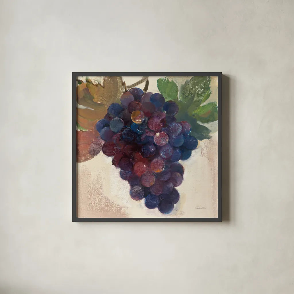 Grape Harvest IV by Albena Hristova. Shown in a sleek black glass frame for a contemporary gallery look. Available as an archival giclee rolled canvas, fine art paper, or poster print. SKU 55225a.